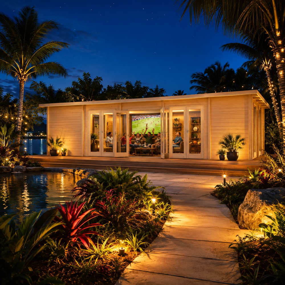 Game Room 70 glowing brightly at night as family and friends watch sports inside, framed by illuminated palms, tropical plants, and Florida lagoon reflections.