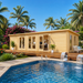 Game Room 70 Freedom Office configured as a sunny executive home office beside a Florida pool, surrounded by palms, bougainvillea, and tropical landscaping.