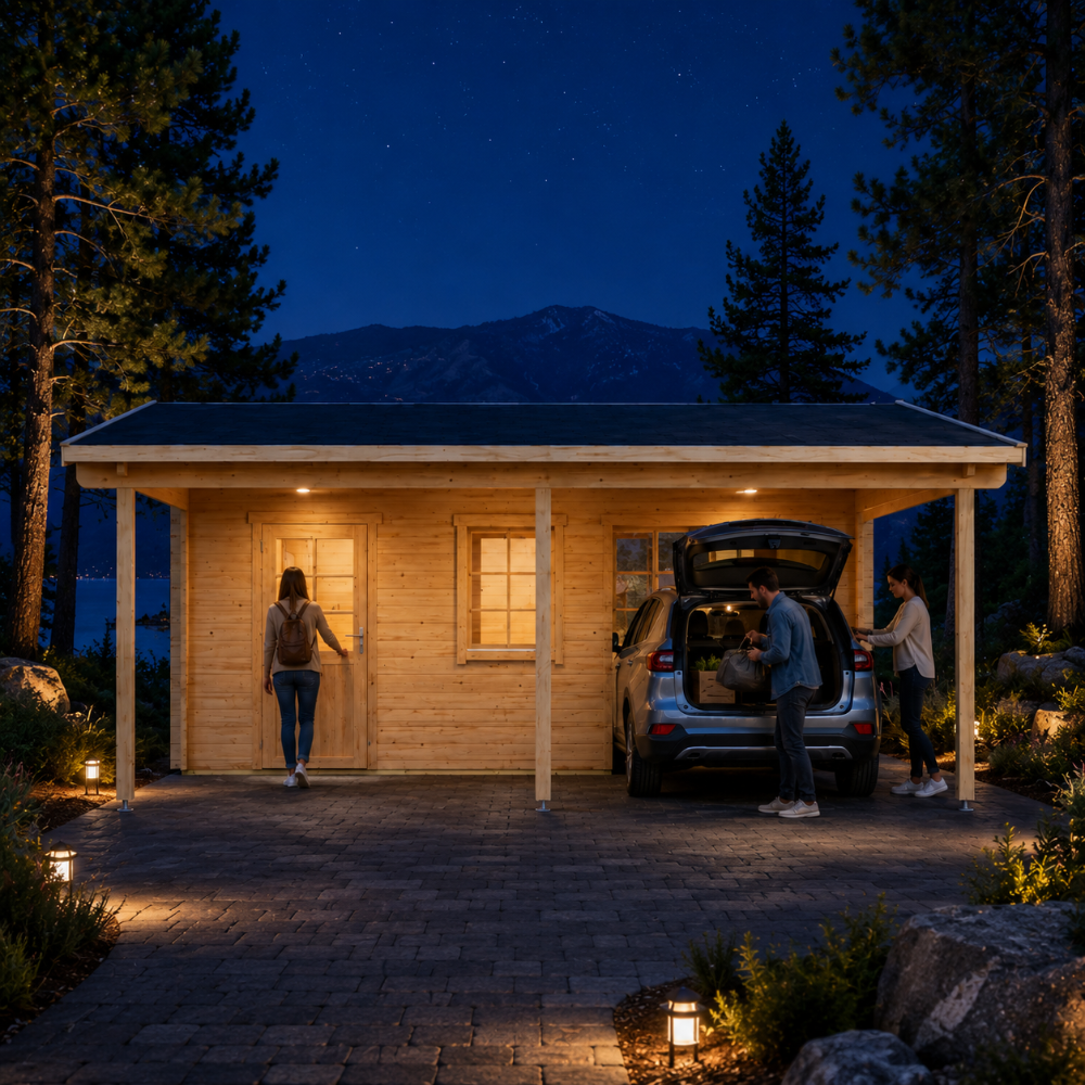 Brightly illuminated Garage Bjarne 44 at night near Lake Tahoe as adults arrive home and unload a vehicle beneath the carport.