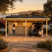 Garage Bjarne 44 at golden hour on a Santa Barbara coastal property as adults unload a bicycle and bags from a parked vehicle.