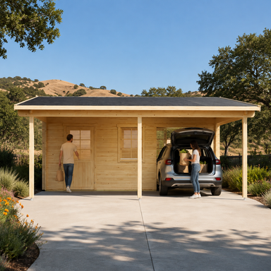 Garage Bjarne 44 in the sunny Northern California foothills as two adults unload groceries from a vehicle beneath the covered carport.