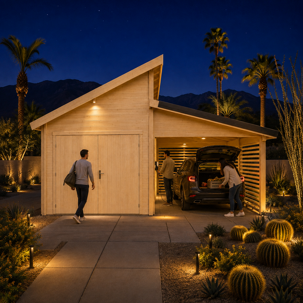 Brightly illuminated Garage Morten 44A at night in Palm Springs as adults arrive home and unload a vehicle beneath the carport.
