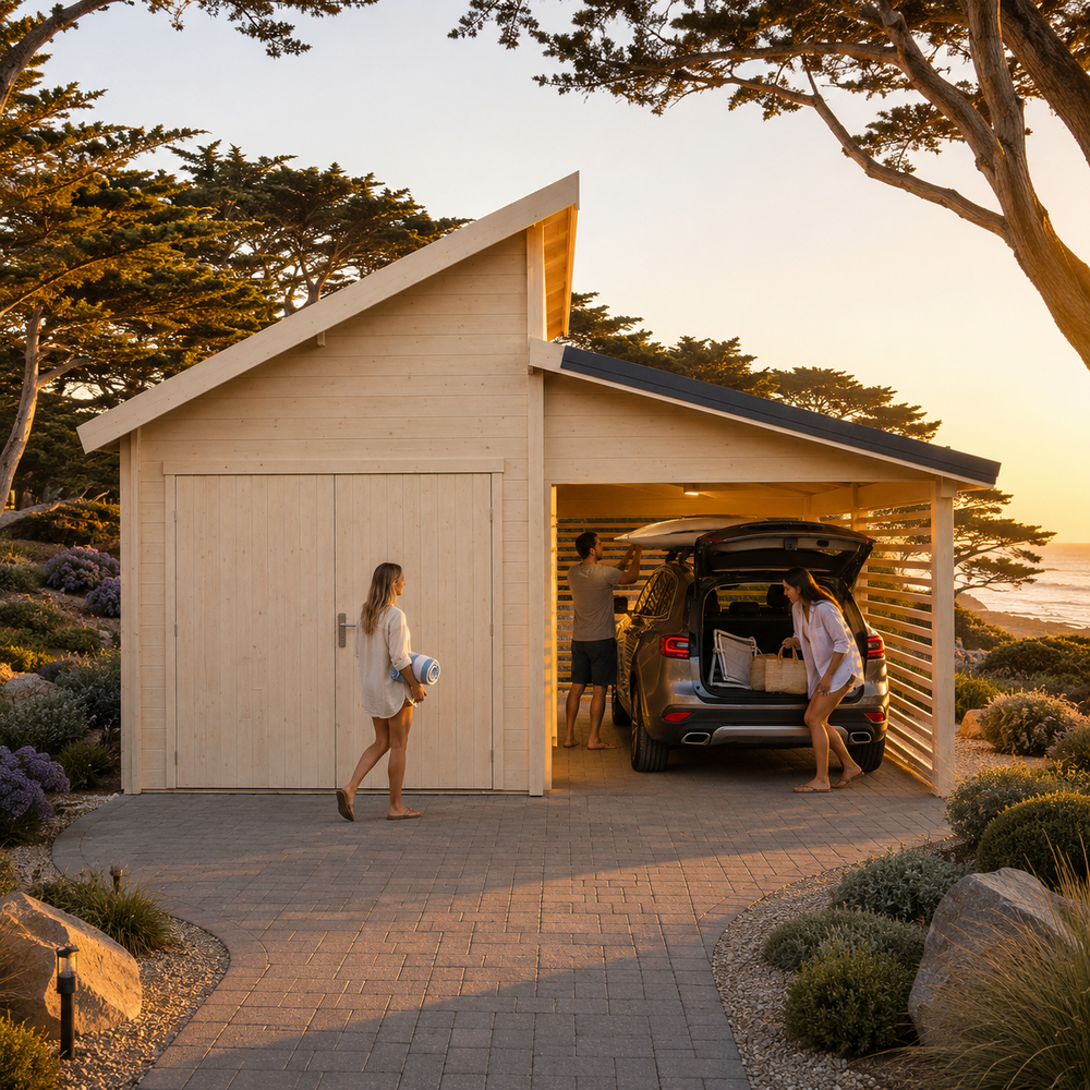Garage Morten 44A at golden hour near Monterey Bay as adults unload beach equipment from a vehicle beneath the carport.