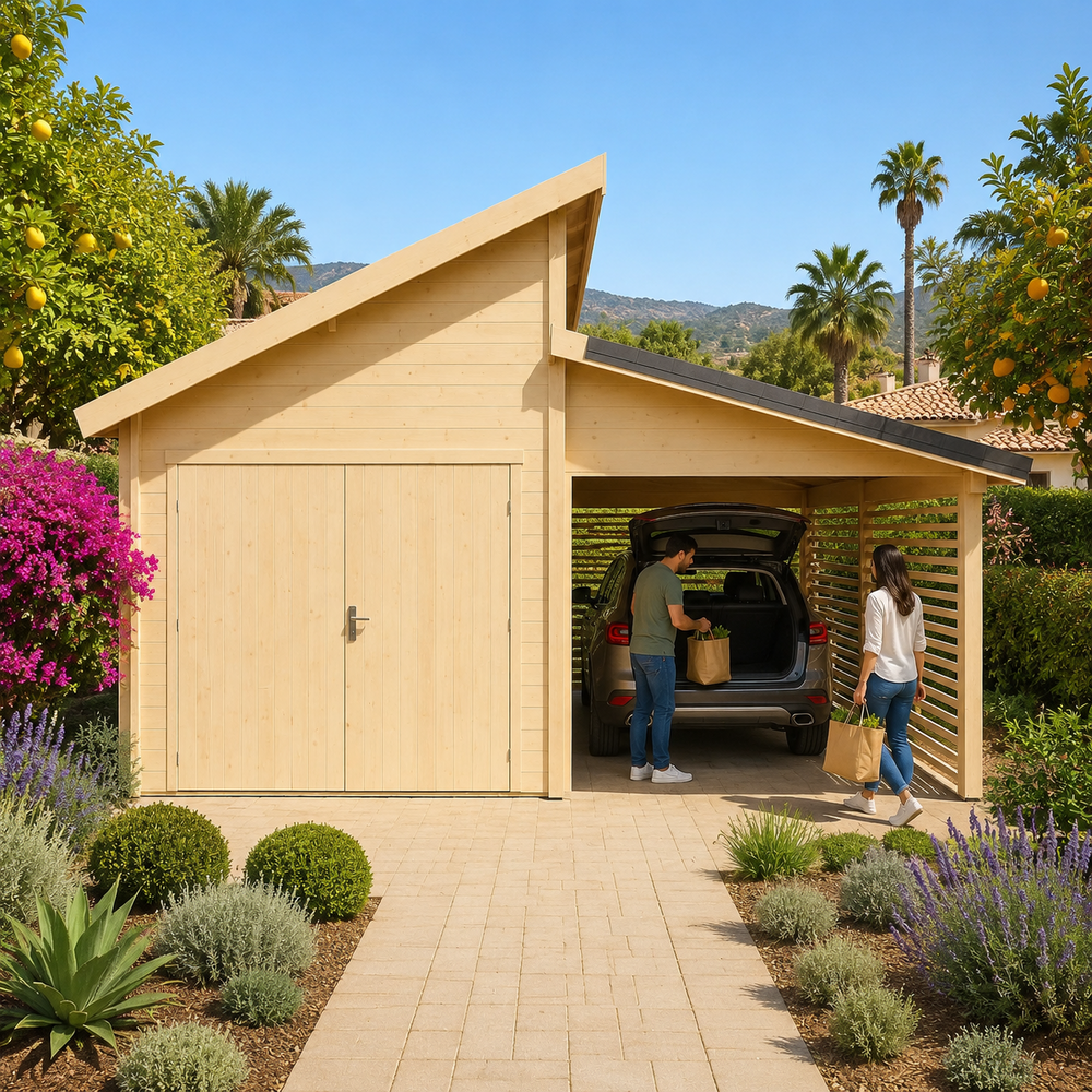 Garage Morten 44A in a sunny Southern California garden as two adults unload groceries from a vehicle parked beneath the carport.