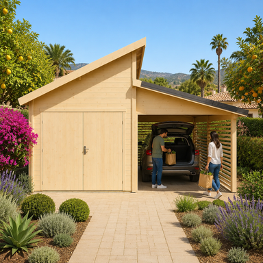 Garage Morten 44A in a sunny Southern California garden as two adults unload groceries from a vehicle parked beneath the carport.