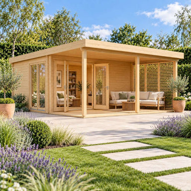 GardenHouse24 USA Kaarlo 70 Garden Room overlooks a sunny garden with a cushioned terrace sofa and stepping-stone path