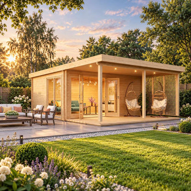 GardenHouse24 USA Kaarlo 70 Garden Room stands in a sunset garden with two hanging chairs beneath its illuminated terrace roof
