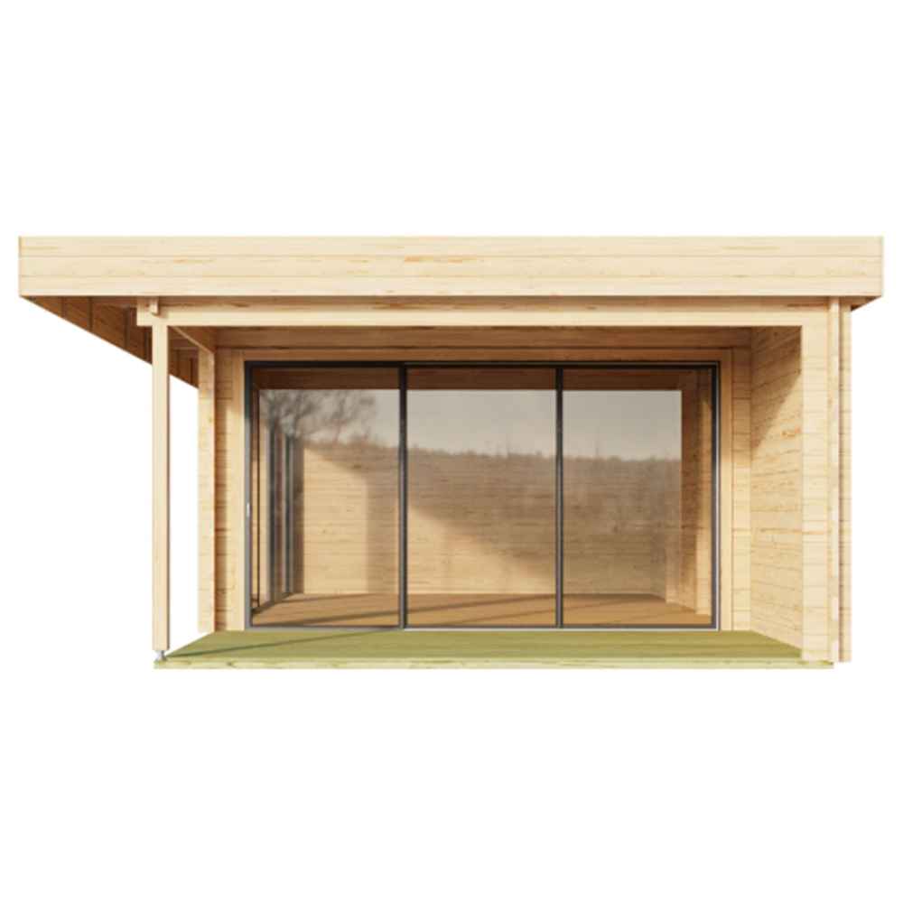 GardenHouse24 USA ALU Concept 44O Garden Room is viewed head-on, revealing a deep-set glass sliding door entry sheltered by a flat wooden roof