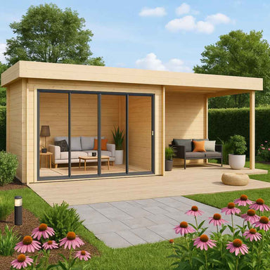 GardenHouse24 USA ALU Concept 70A AB Garden Room showcases a cozy interior with sofas and a partially covered deck surrounded by a vibrant garden