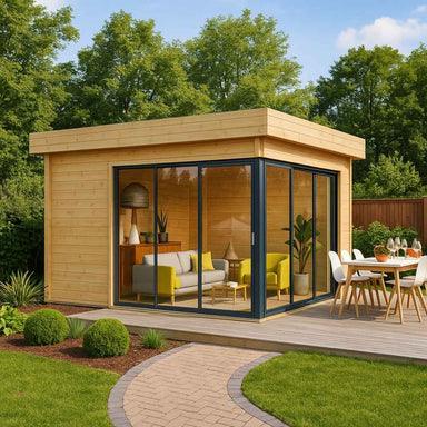 GardenHouse24 USA ALU Concept 70A Garden Room features cozy seating inside a sleek, modern glass-walled cabin surrounded by lush greenery