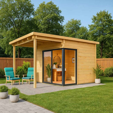 GardenHouse24 USA ALU Concept 70F Garden Room is displayed in a backyard setting with green grass, trees, and teal patio chairs outside its glass door