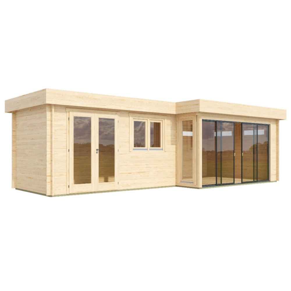 GardenHouse24 USA ALU Concept 70K Garden Room appears as an unfurnished wooden structure with large glass doors and windows