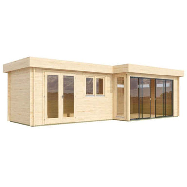 GardenHouse24 USA ALU Concept 70K Garden Room appears as an unfurnished wooden structure with large glass doors and windows