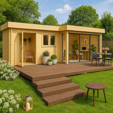 GardenHouse24 USA ALU Concept 70K Garden Room is displayed as a stylish backyard workspace with a clean deck, large windows, and potted plants