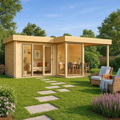GardenHouse24 USA ALU Concept 70M Garden Room appears cozy and inviting with a patio area, glass doors, and a lush green garden path leading to the entrance