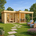 GardenHouse24 USA ALU Concept 70M Garden Room appears cozy and inviting with a patio area, glass doors, and a lush green garden path leading to the entrance