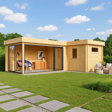 GardenHouse24 USA ALU Concept 70N Garden Room features a clean-lined wooden design with expansive windows and patio chairs under a bright blue sky