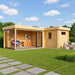 GardenHouse24 USA ALU Concept 70N Garden Room features a clean-lined wooden design with expansive windows and patio chairs under a bright blue sky