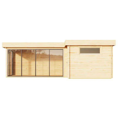 GardenHouse24 USA ALU Concept 70N Garden Room is shown from the opposite rear side, displaying a blank wood-panel wall with clean, minimal design