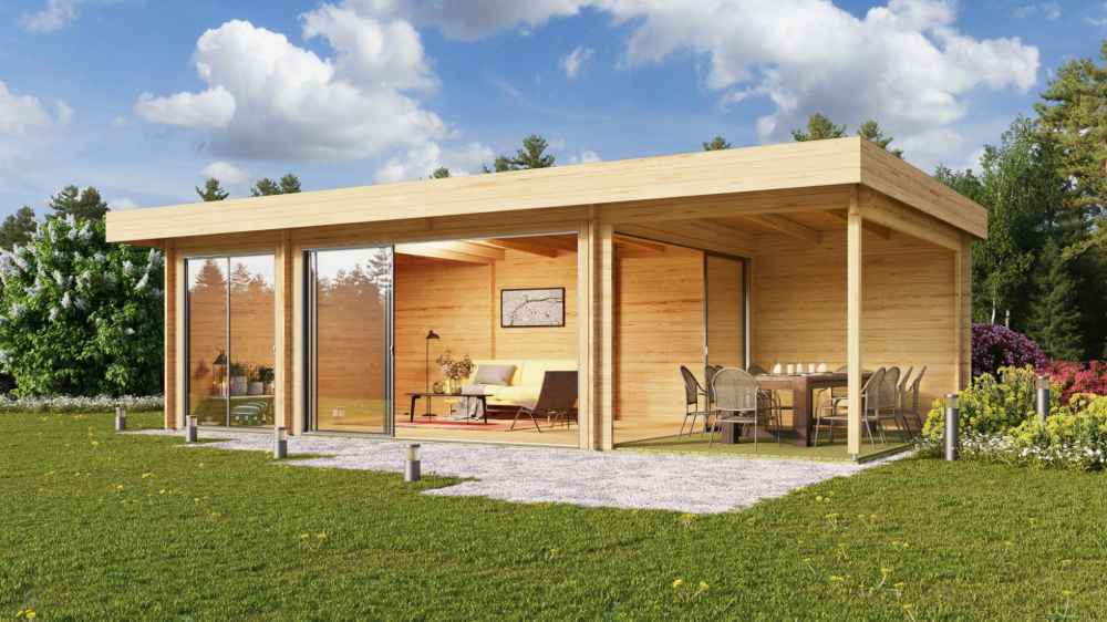 GardenHouse24 USA ALU Concept 70O Garden Room is seen with modern green furniture and patio loungers, nestled in a lush garden setting