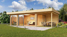 GardenHouse24 USA ALU Concept 70O Garden Room is seen with modern green furniture and patio loungers, nestled in a lush garden setting