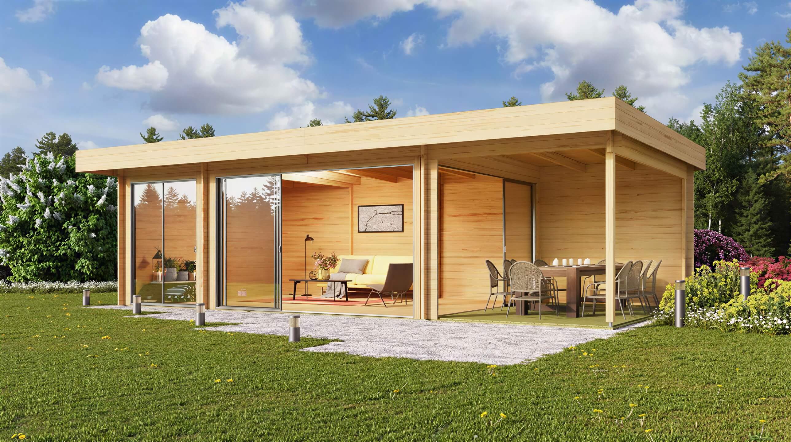 GardenHouse24 USA ALU Concept 70O Garden Room is seen with modern green furniture and patio loungers, nestled in a lush garden setting