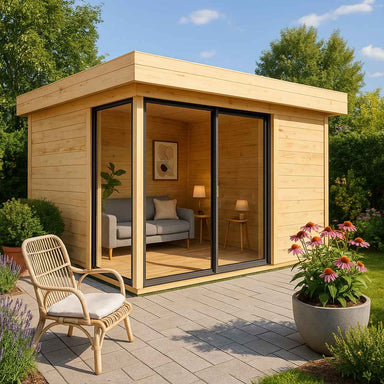 GardenHouse24 USA ALU Concept 70P Garden Room appears as a bright, cozy wooden garden room with floor-to-ceiling windows and a stylish interior featuring a sofa and lamps