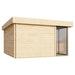 GardenHouse24 USA ALU Concept 70P Garden Room is seen from an angle showing a blank wooden side wall and a glimpse of its glass entrance