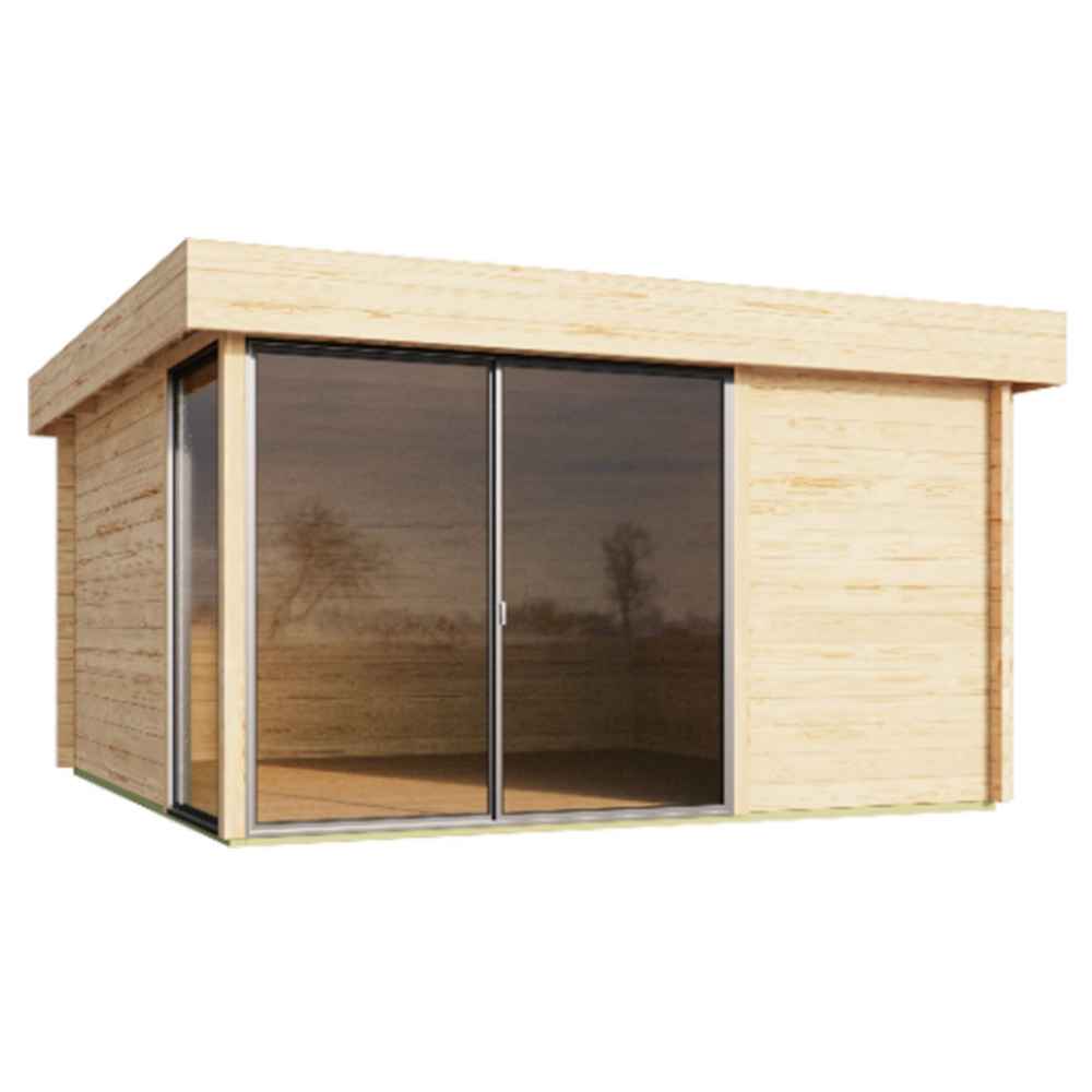 GardenHouse24 USA ALU Concept 70P Garden Room with closed, dark-tinted glass doors and a clean, minimalistic wooden exterior