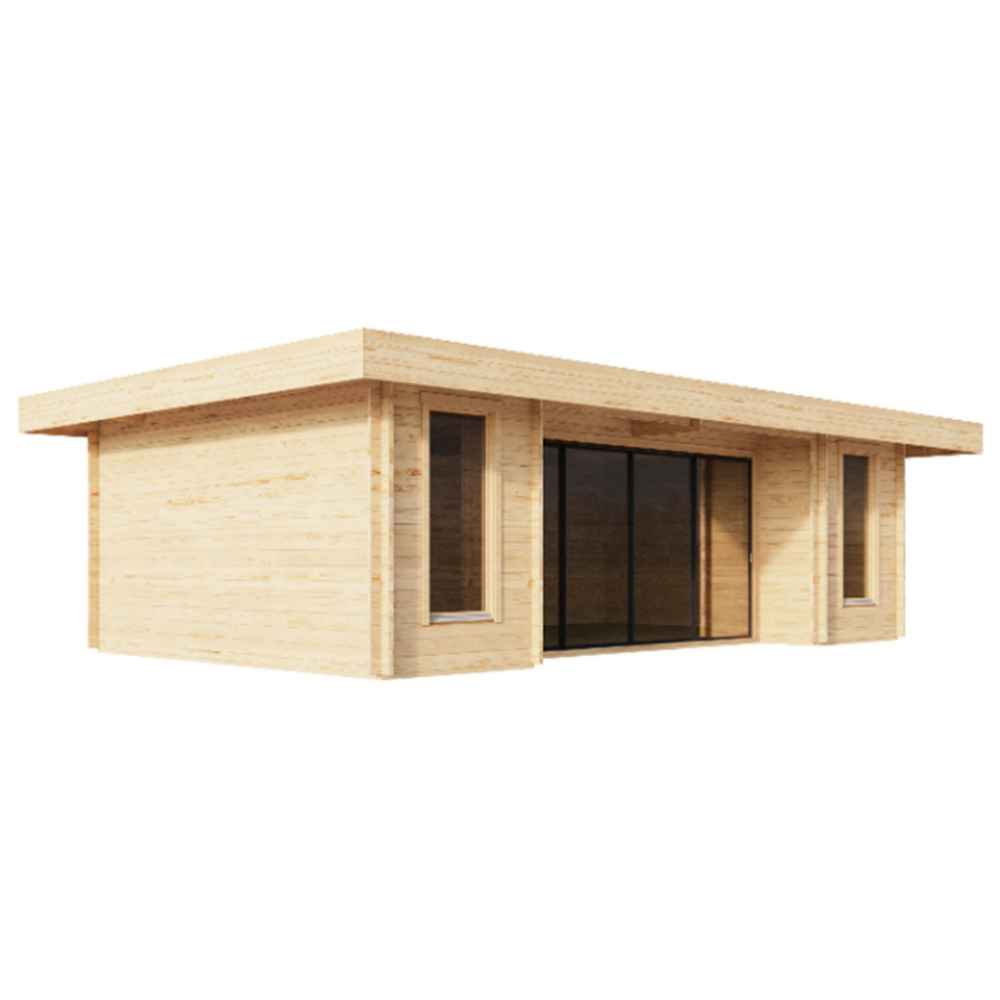 GardenHouse24 USA ALU Concept 70Q Garden Room is viewed from a front side angle, showcasing its smooth wooden panels, flat roof, and tall narrow windows