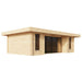 GardenHouse24 USA ALU Concept 70Q Garden Room is viewed from a front side angle, showcasing its smooth wooden panels, flat roof, and tall narrow windows