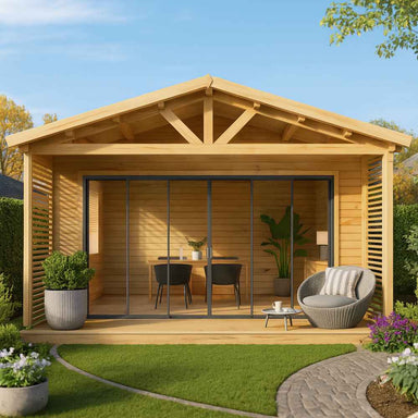 GardenHouse24 USA ALU Concept Arosa 44C Garden Room with a peaked roof and glass sliding doors