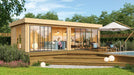 GardenHouse24 USA ALU Concept Lounge 44B Garden Room is shown beside a pool with stylish lounge furniture and ambient lighting on a wooden patio