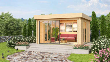 GardenHouse24 USA ALU Concept Lounge 70A Garden Room is shown in a landscaped garden setting