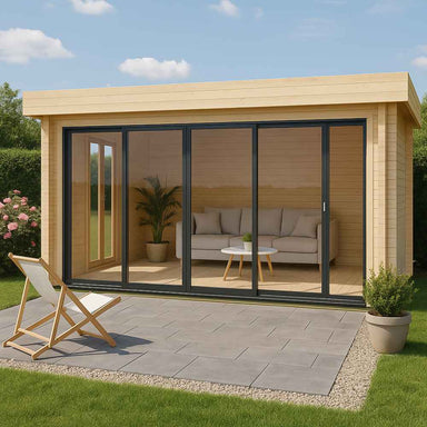 GardenHouse24 USA ALU Concept Lounge 70A Garden Room sits on a trimmed lawn with modern outdoor tiles