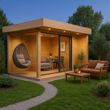 GardenHouse24 USA ALU Concept Relax 70A Garden Room features a compact wooden structure with a hanging egg chair, interior lounge, and soft evening lighting