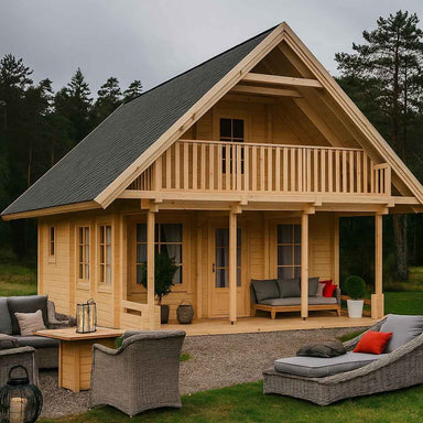 GardenHouse24 USA Anders 90A Garden Room is displayed with stylish outdoor furniture on a cloudy day