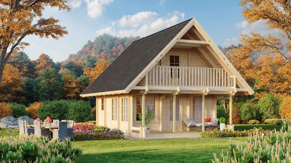 GardenHouse24 USA Anders 90A Garden Room with a front porch and upper balcony, surrounded by autumn trees and outdoor seating