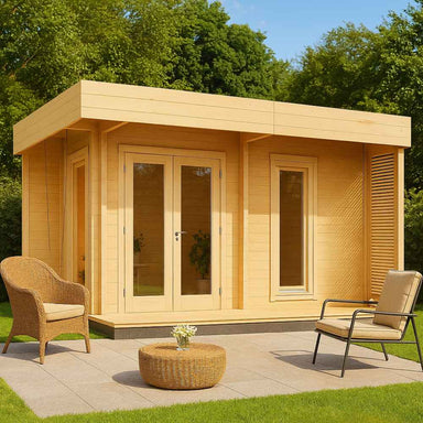 GardenHouse24 USA Asta 70 Garden Room is shown with double glass doors and clean architectural lines, surrounded by lawn and patio furniture