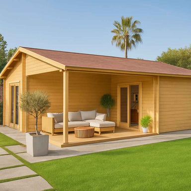 GardenHouse24 USA Bendy 70 Garden Room is pictured from another angle with a corner porch setup, modern outdoor seating, and glass doors leading inside
