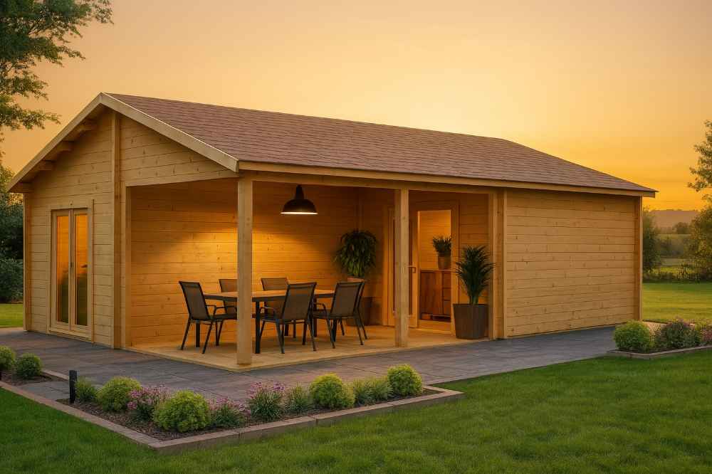 GardenHouse24 USA Bendy 70 Garden Room with a covered porch and warm lighting stands in a landscaped backyard at sunset