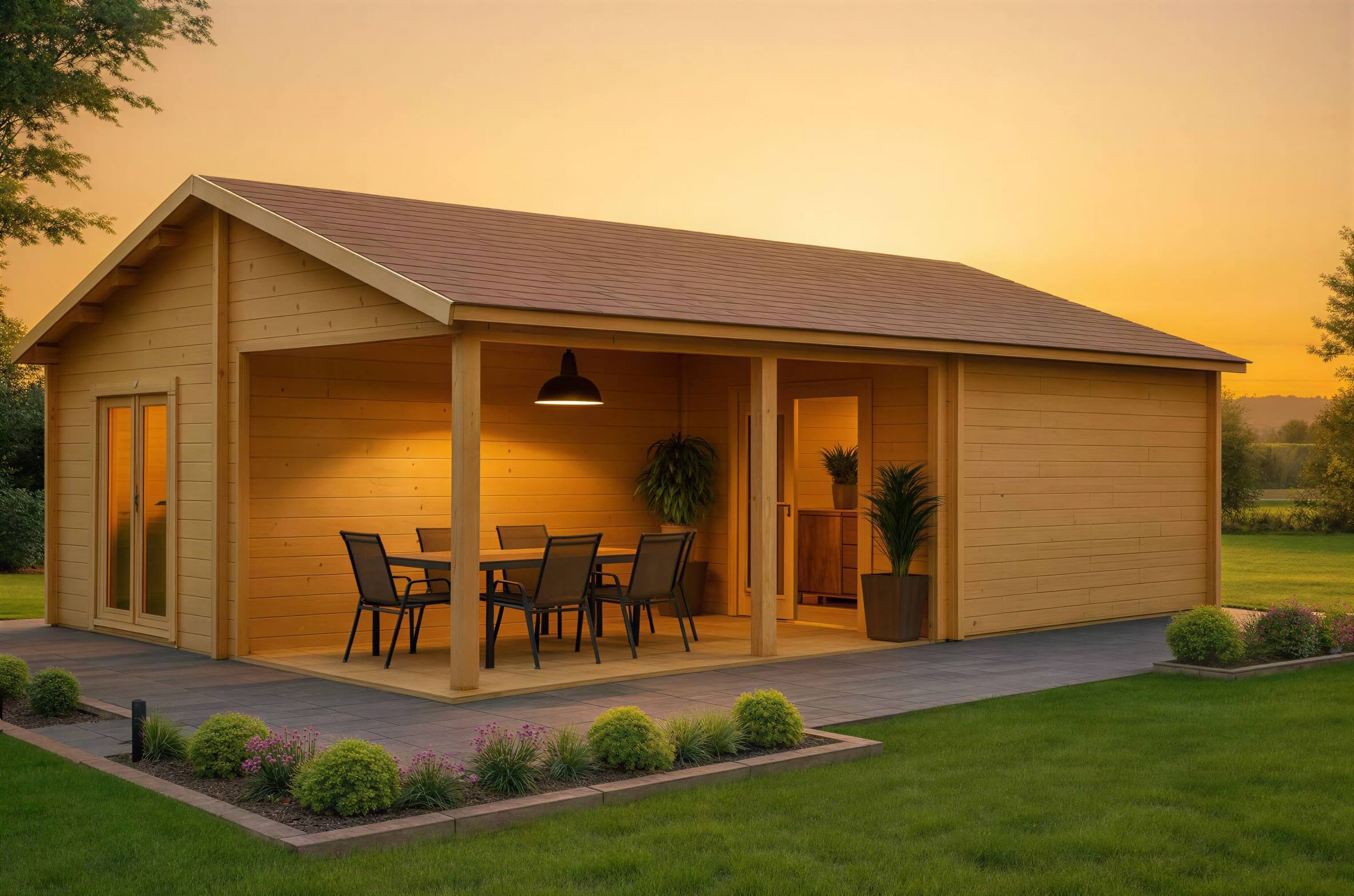 GardenHouse24 USA Bendy 70 Garden Room with a covered porch and warm lighting stands in a landscaped backyard at sunset