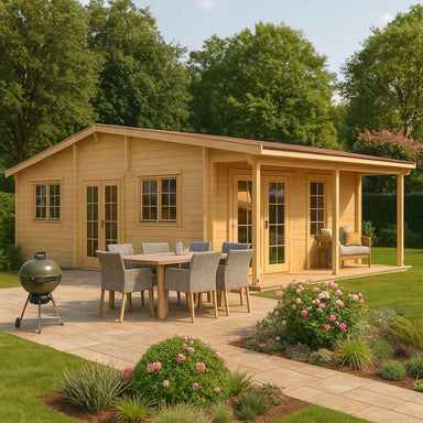 GardenHouse24 USA Bente 70 Garden Room features a charming log-style exterior with an outdoor dining area and barbecue grill in a lush garden