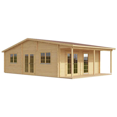 GardenHouse24 USA Bente 70 Garden Room showcases its natural wood facade with double doors and a covered patio from a clean side view