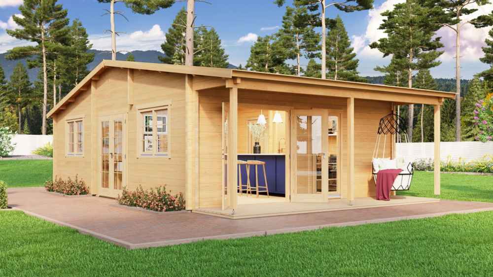 GardenHouse24 USA Bente 70 Garden Room with large windows and a stylish front porch nestled among tall pine trees