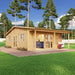 GardenHouse24 USA Bente 70 Garden Room with large windows and a stylish front porch nestled among tall pine trees