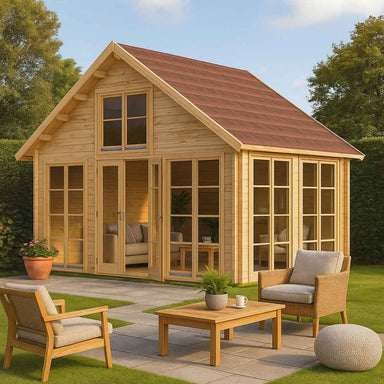 GardenHouse24 USA Bern 70 Garden Room is shown in a manicured backyard with modern outdoor furniture