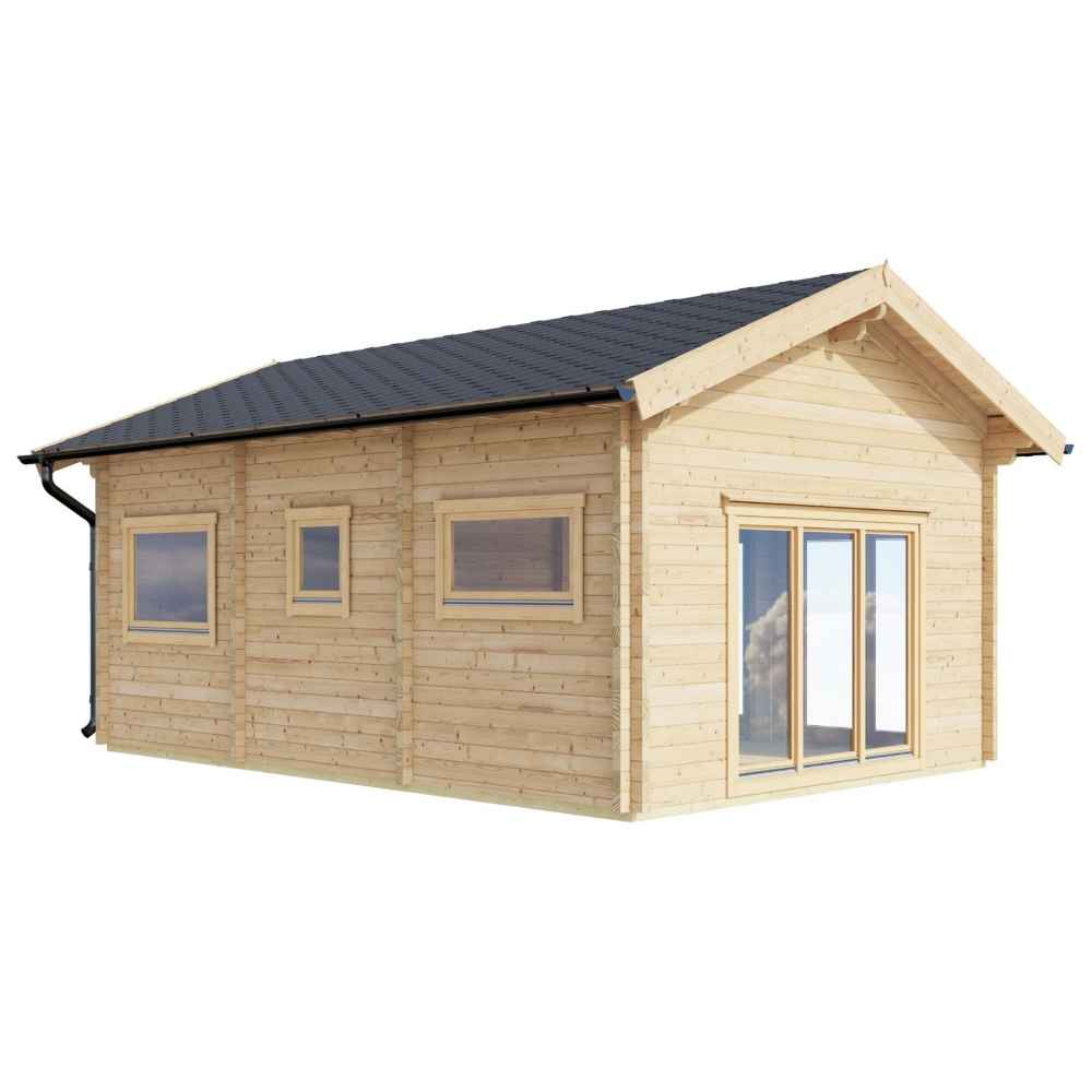 GardenHouse24 USA Britt 44 Garden Room is displayed from an angle with clear visibility of its three-pane windows and front double doors