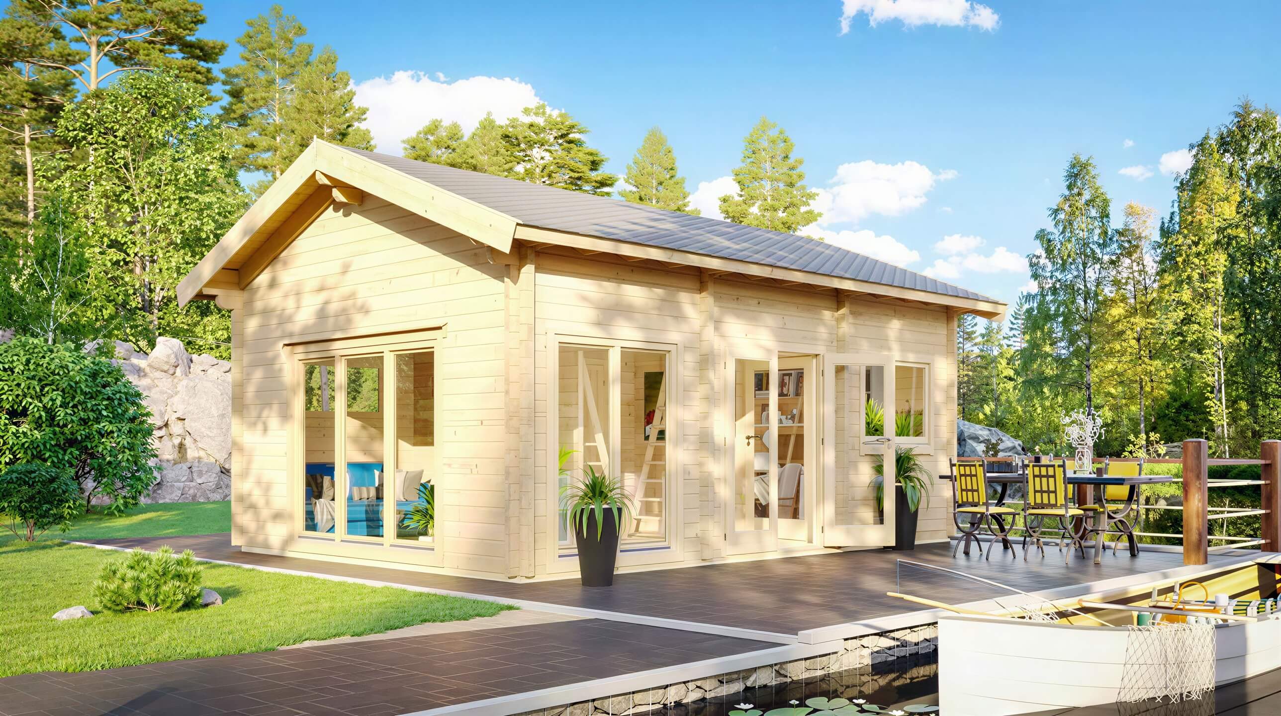 GardenHouse24 USA Britt 44 Garden Room is shown in a vibrant lakeside setting with a deck, outdoor furniture, and bright sun