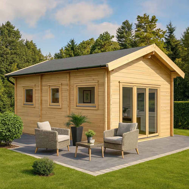 GardenHouse24 USA Britt 44 Garden Room with a pitched roof and patio furniture sits in a green yard